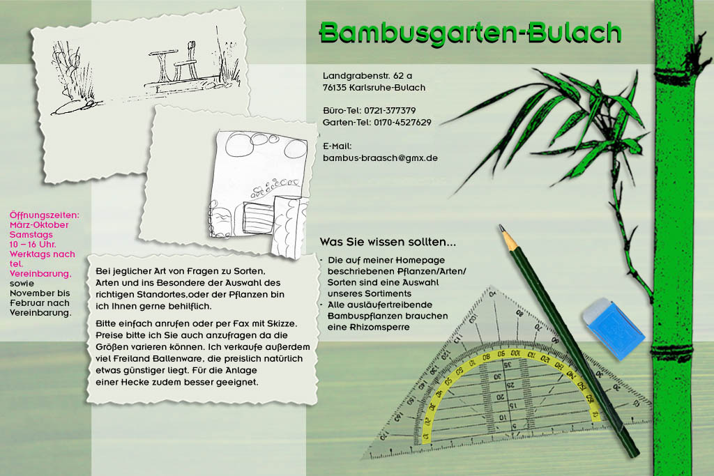 Was Sie als Kunde von uns wissen sollen ::: Bambusgarten-Bulach in Karlsruhe ::: ::: Bambus ::: Stefan Braasch, Landgrabenstr. 62, 76135 Karlsruhe Stadteil Bulach ::: Tel. 0170-4527629 