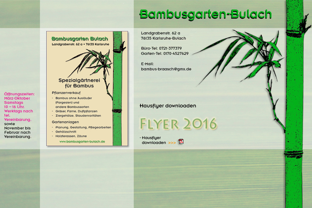 Bambusgarten-Bulach Hausflyer downloaden beim Bambusgarten-Bulach in Karlsruhe ::: Stefan Braasch, Landgrabenstr. 62, 76135 Karlsruhe Stadteil Bulach ::: Tel. 0170-4527629