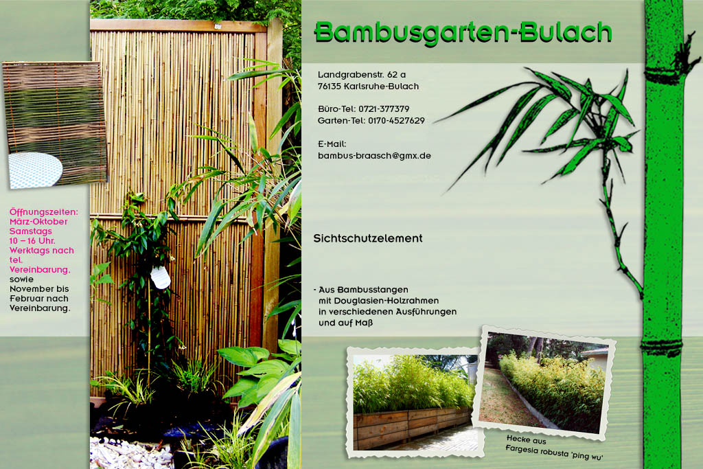 Sichtschutz aus Bambusstangen und Bambushecken im Bambusgarten-Bulach in Karlsruhe::: Bambus ::: Stefan Braasch, Landgrabenstr. 62, 76135 Karlsruhe Stadteil Bulach ::: Tel. 0170-4527629 